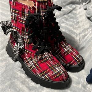Betsey Johnson Red Plaid Combat Boots